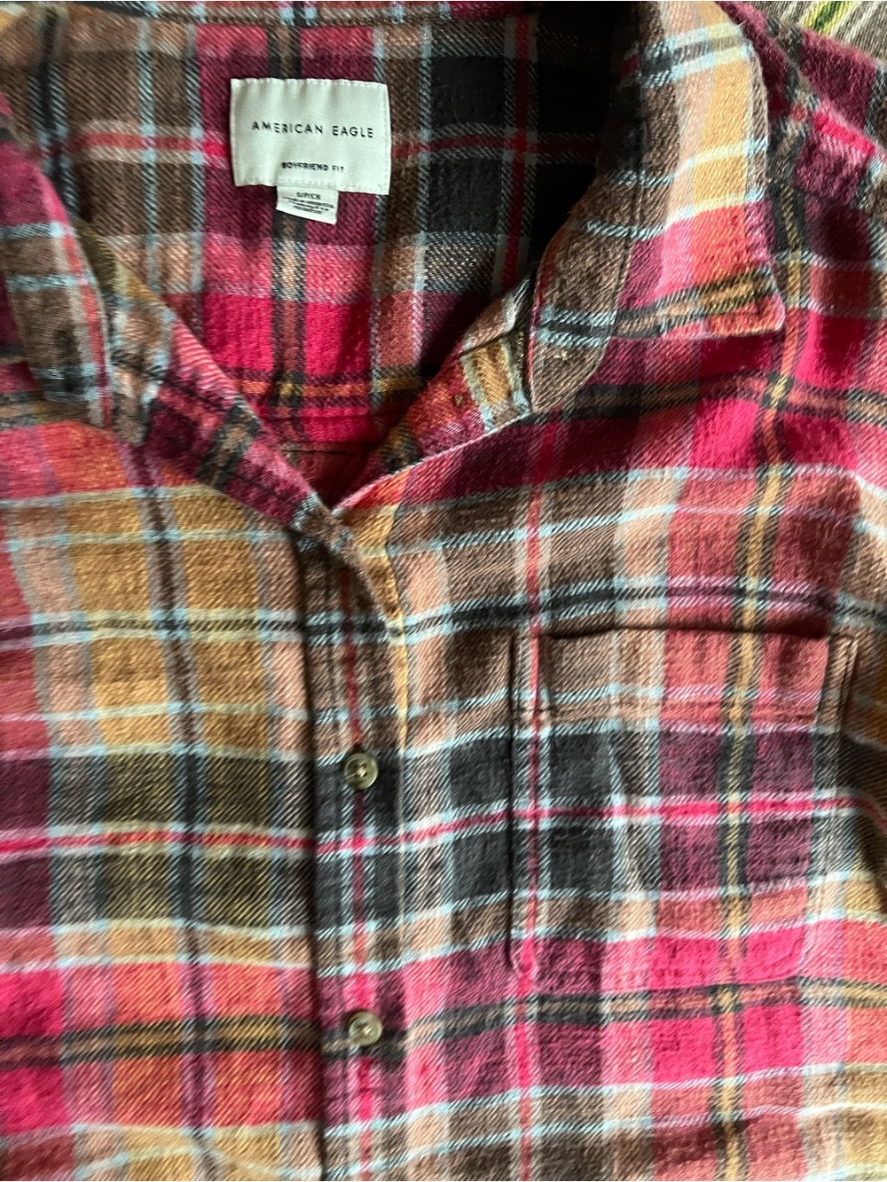 American Eagle Outfitters Plaid Button-Down Shirt Jacket - Pink, Brown, Yellow - Picture 2 of 6